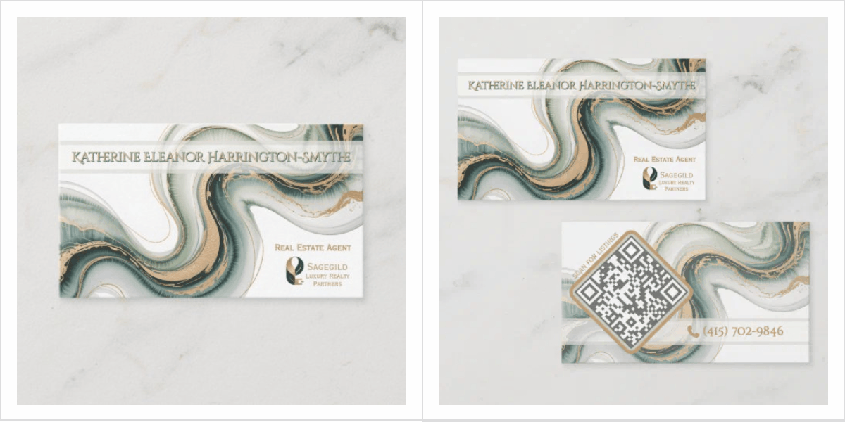 Modern sage and gold marble realtor business card with QR code